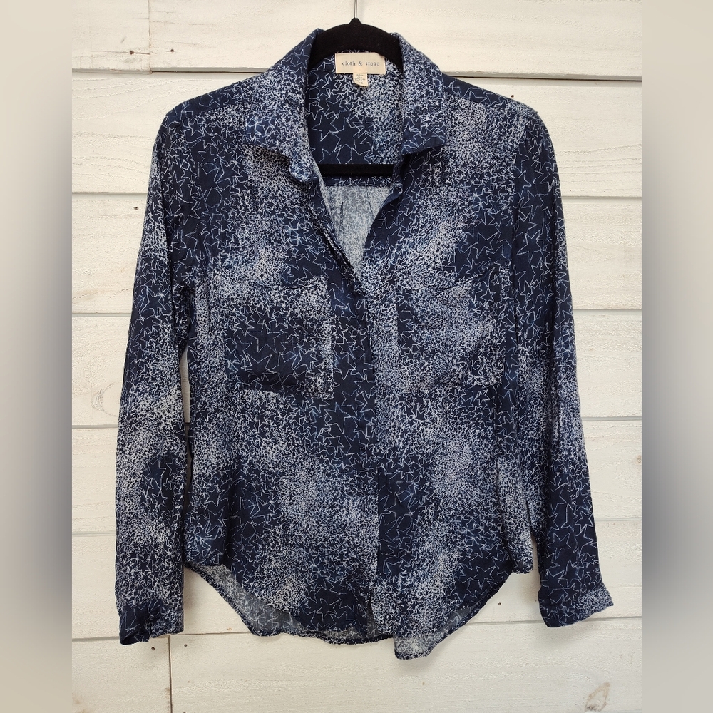 Anthropologie Cloth & Stone XS Shirt Blouse Stars Long Sleeve Celestial Blue